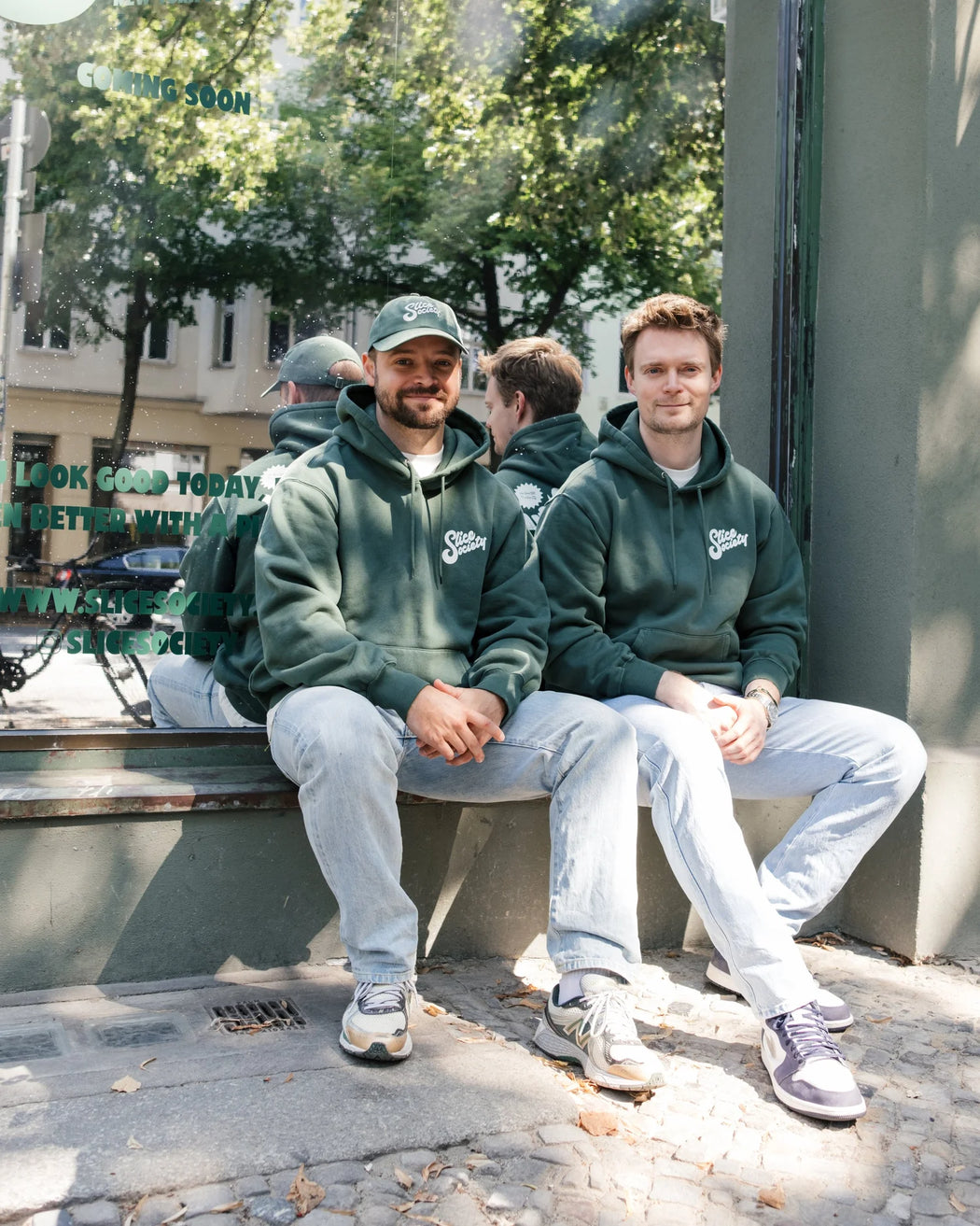 Founders Alex and Marcus outside the Slice Society shop