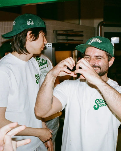 Slice Society green 5-panel cap with embroidered mascot