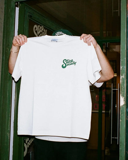 Slice Society cream tee with green chest logo